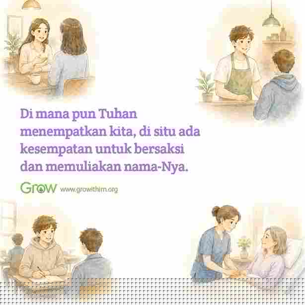 11 - Di mana pun Tuhan menempatkan kita di situ ada kesempatan untuk bersaksi dan memuliakan nama Nya 11 – Di mana pun Tuhan menempatkan kita di situ ada kesempatan untuk bersaksi dan memuliakan nama Nya